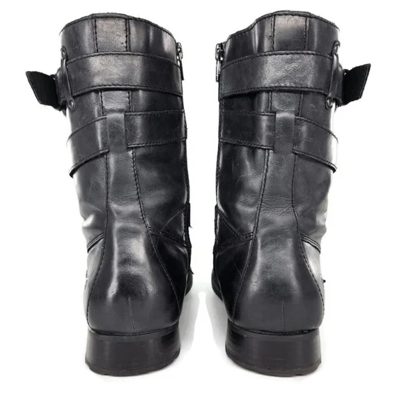 Born Alamid Black Leather Straps & Buckles Calf-High Lug Sole Moto Style Boots - Picture 8 of 12